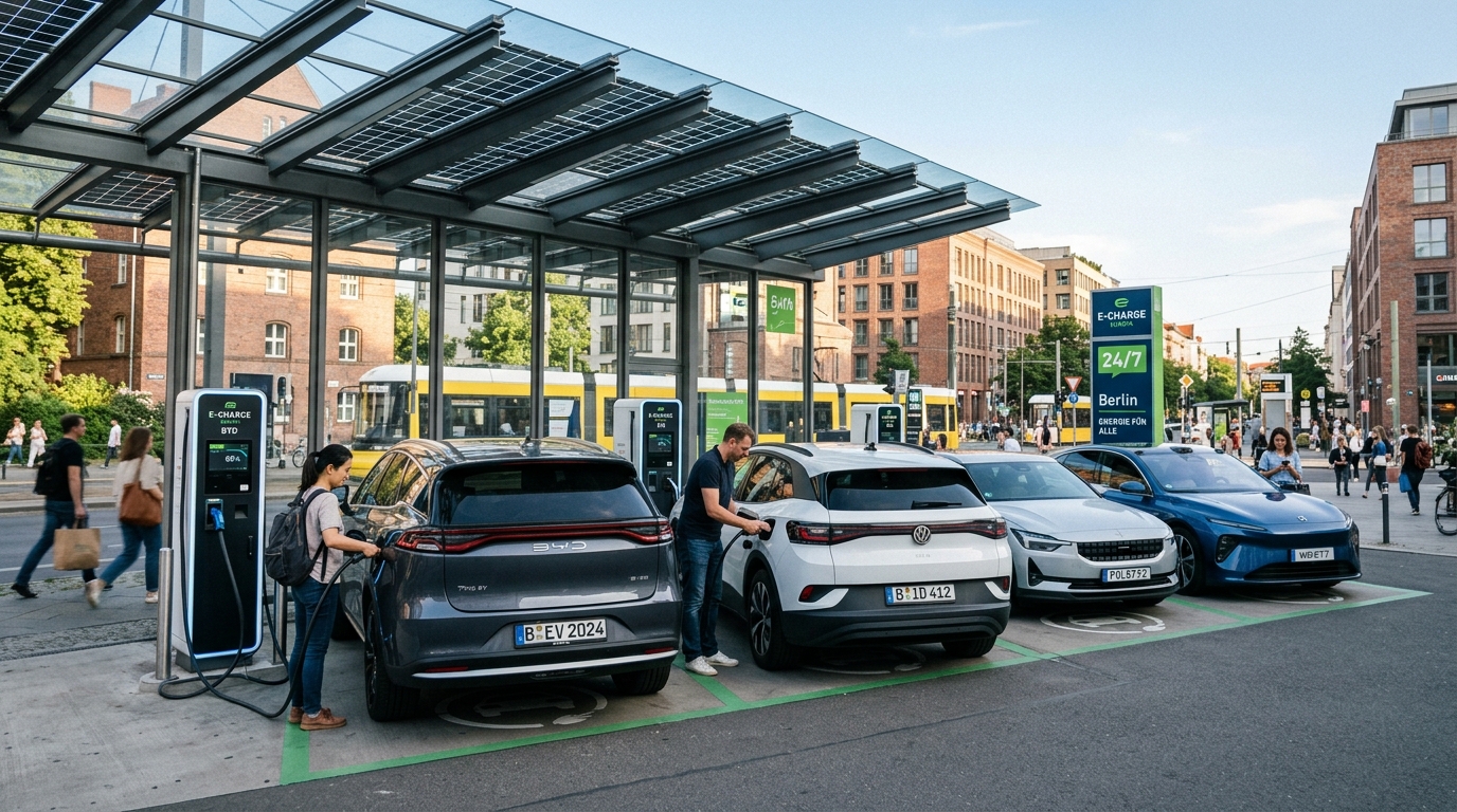 Véhicules électriques chinois et européens en charge dans une station moderne