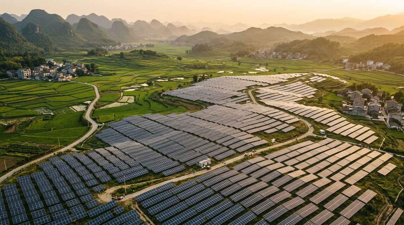 Vue aérienne d'une ferme solaire en Europe