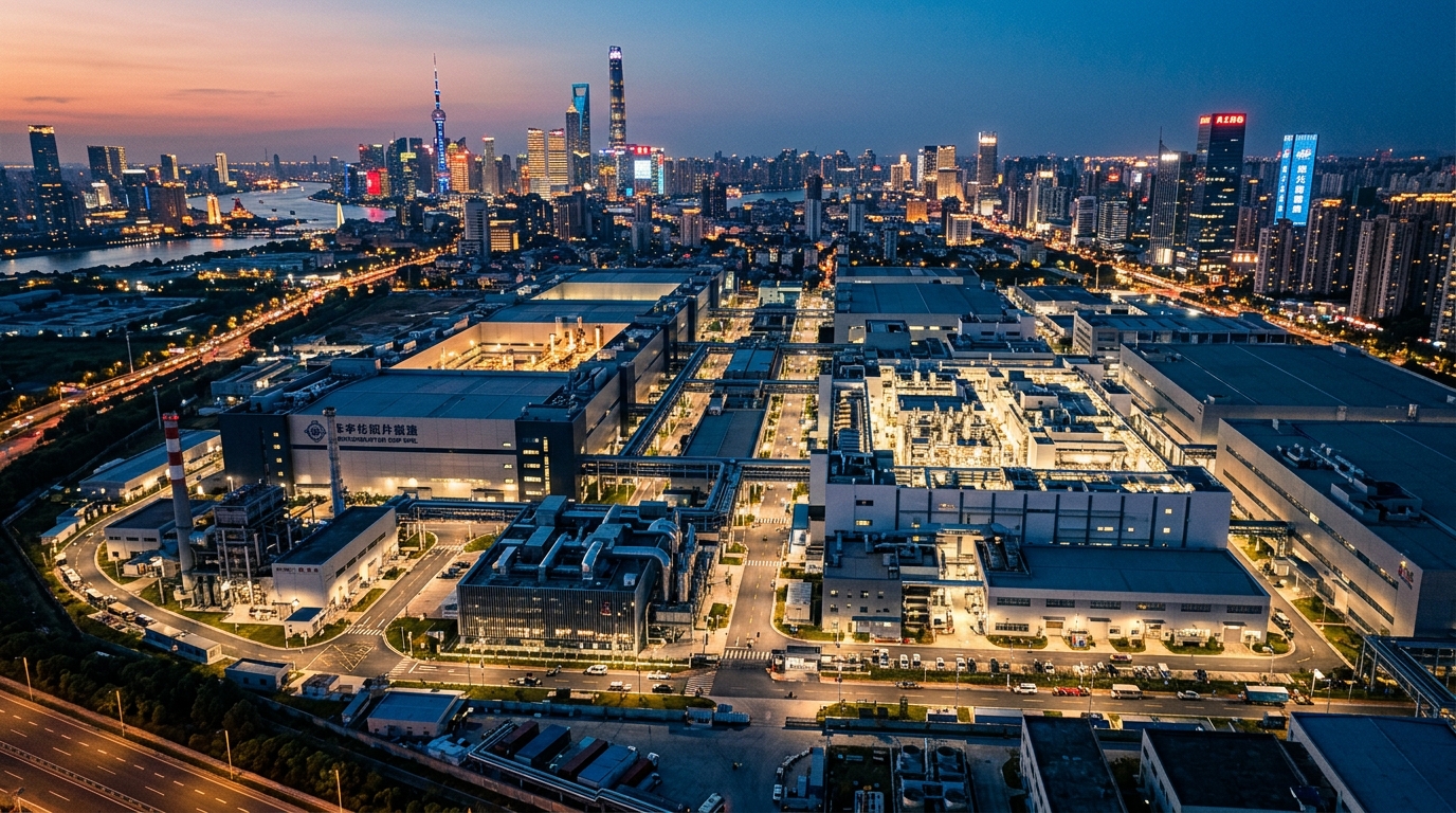 Vue aérienne d'une usine de fabrication de semi-conducteurs en Chine
