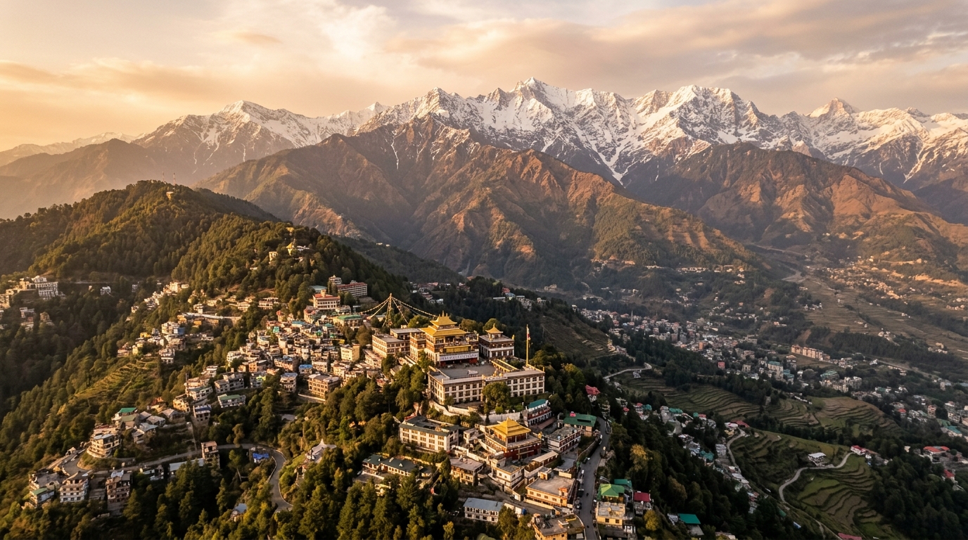Vue aérienne de Dharamsala, siège du gouvernement tibétain en exil