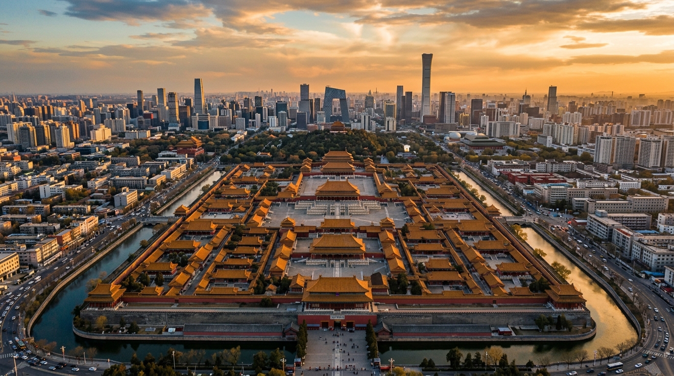 Vue aérienne de la Cité interdite à Pékin au coucher du soleil