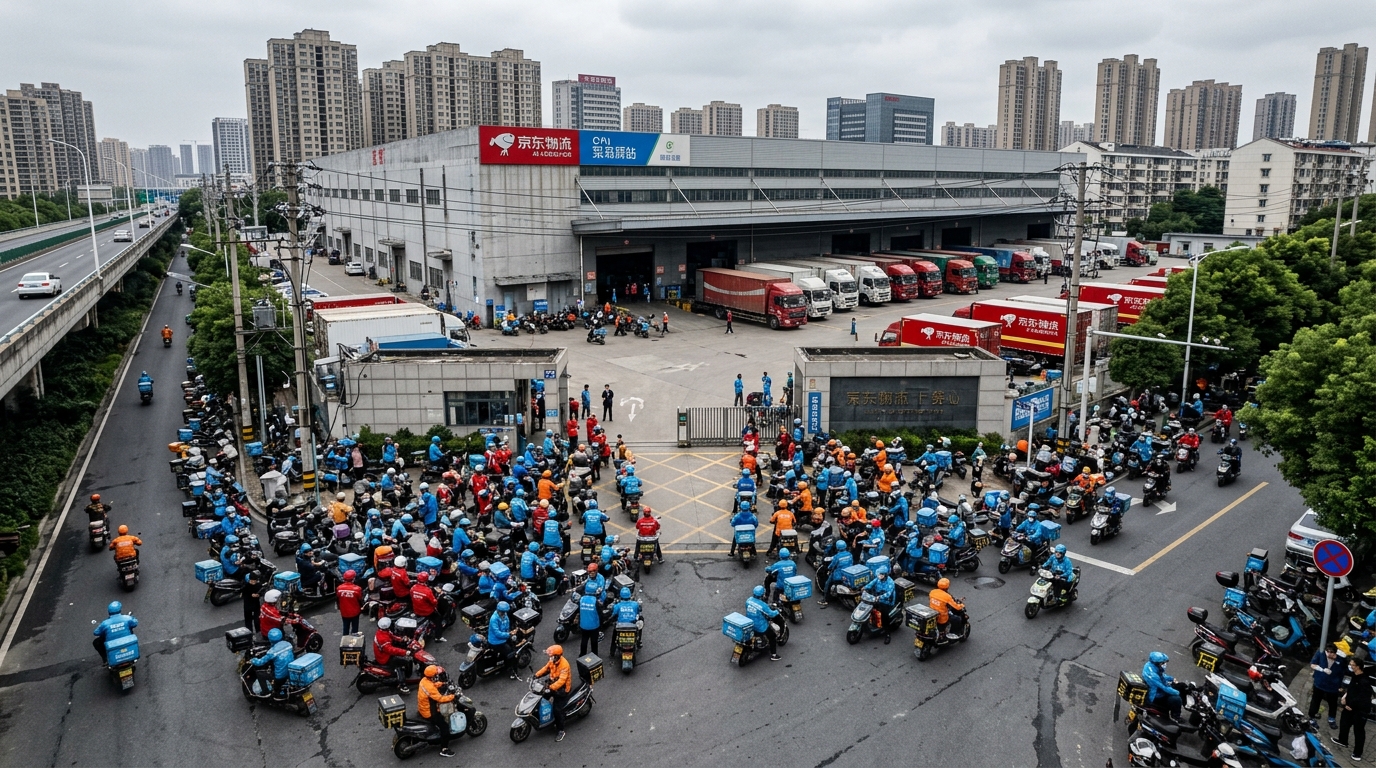 Vue aérienne de livreurs rassemblés devant un entrepôt logistique en Chine