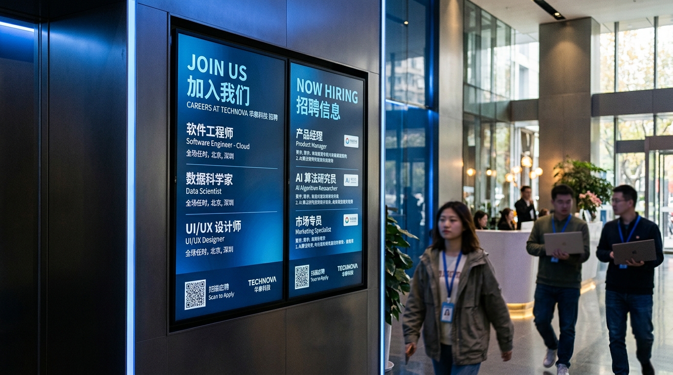 Affichage de recrutement dans le hall d'une entreprise technologique chinoise