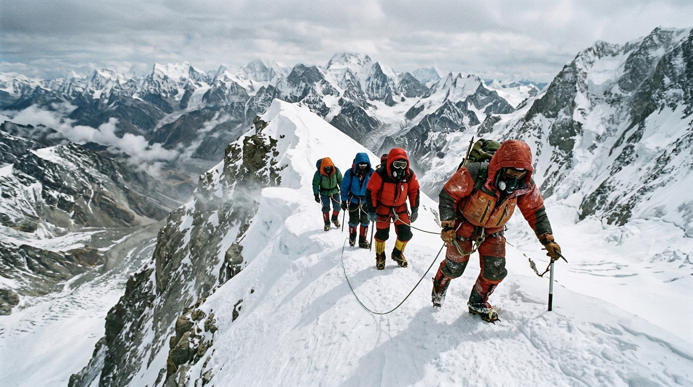 Alpinistes en équipement d'expédition sur une arête himalayenne enneigée