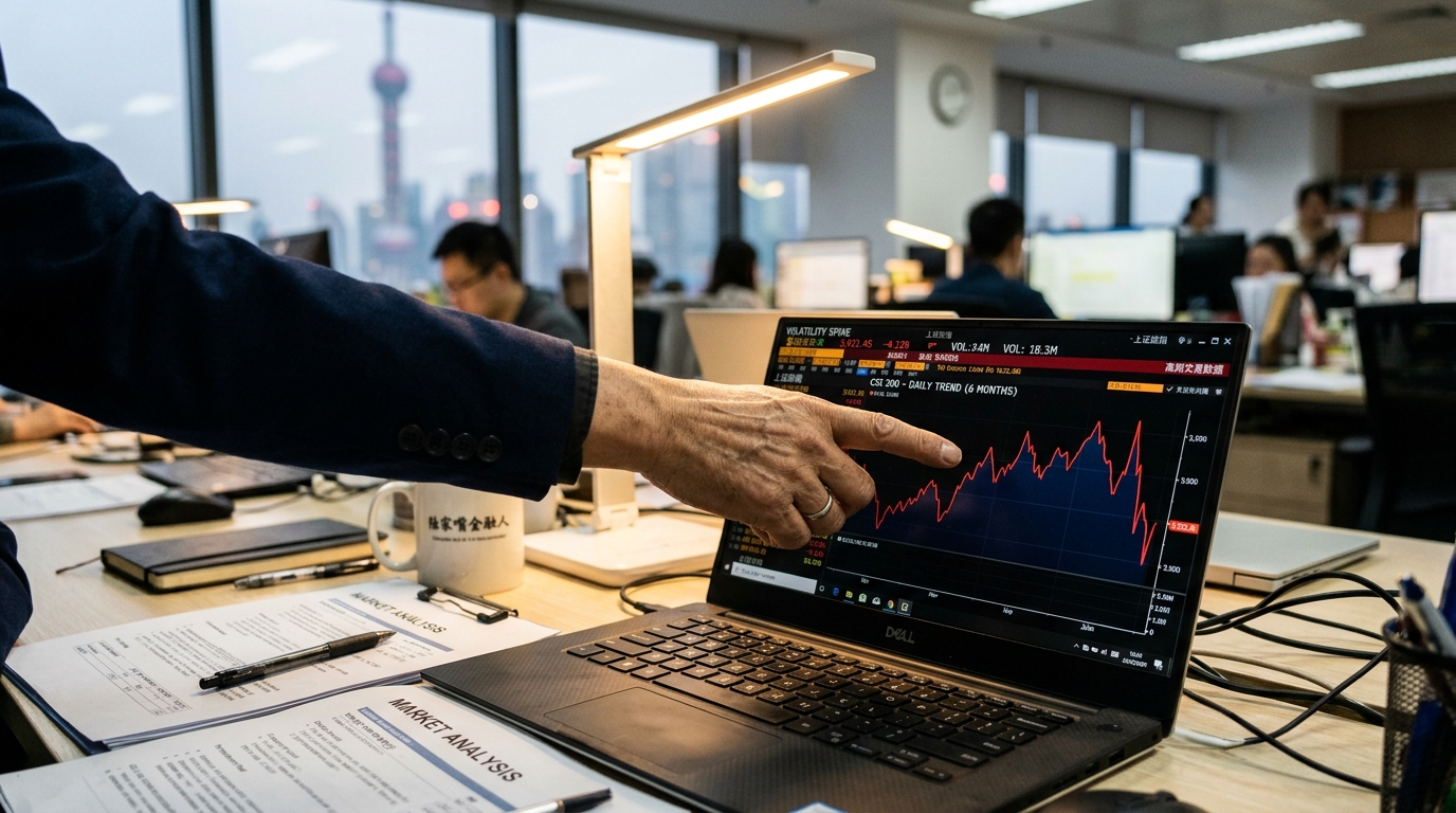 Analyste financier examinant des graphiques boursiers volatils liés à la régulation chinoise