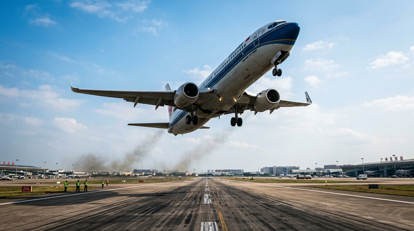 Avion Boeing en décollage sur une piste d'aéroport