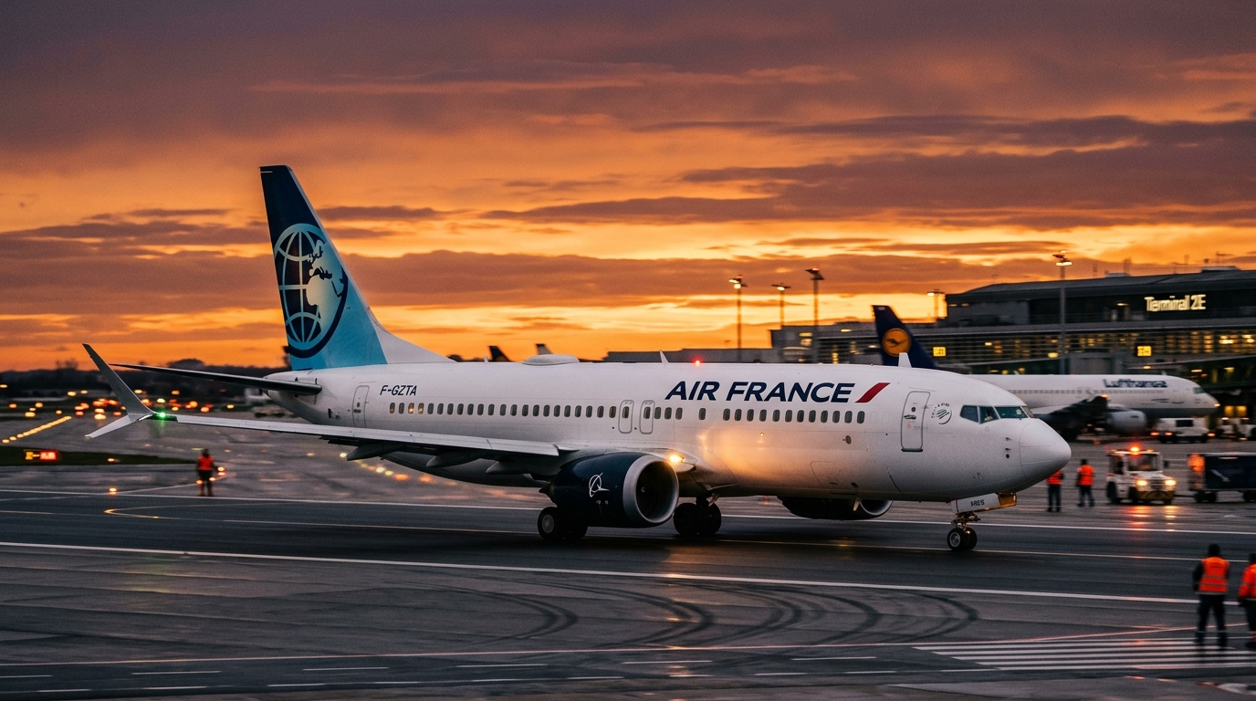 Avion Boeing sur piste d'atterrissage au coucher du soleil