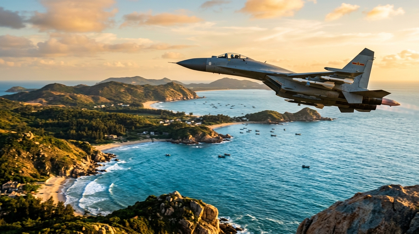 Avion militaire survolant un détroit maritime