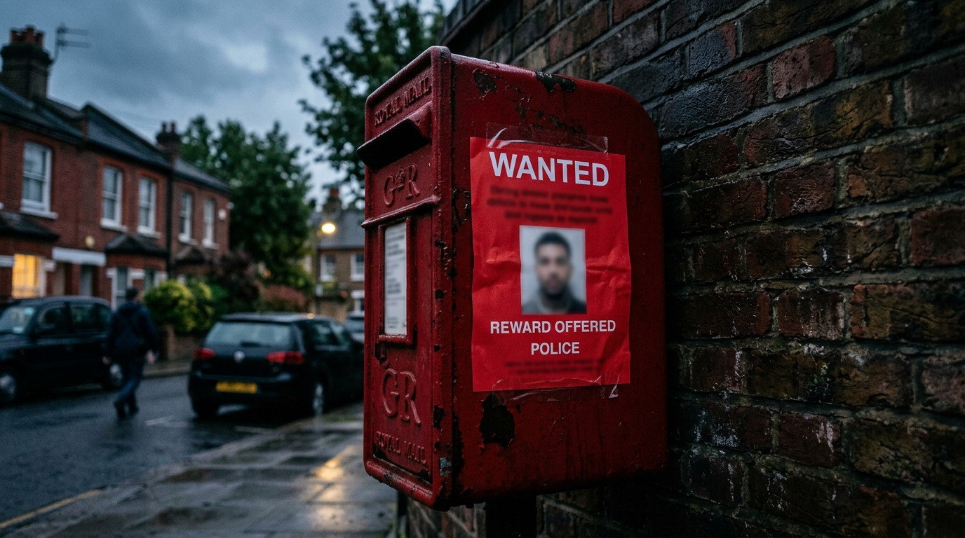 Avis de recherche glissé dans une boîte aux lettres londonienne