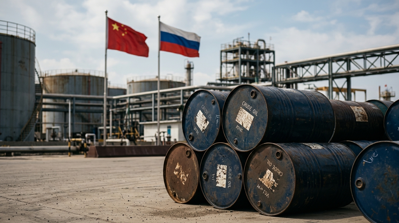 Barils de pétrole avec drapeaux chinois et russe