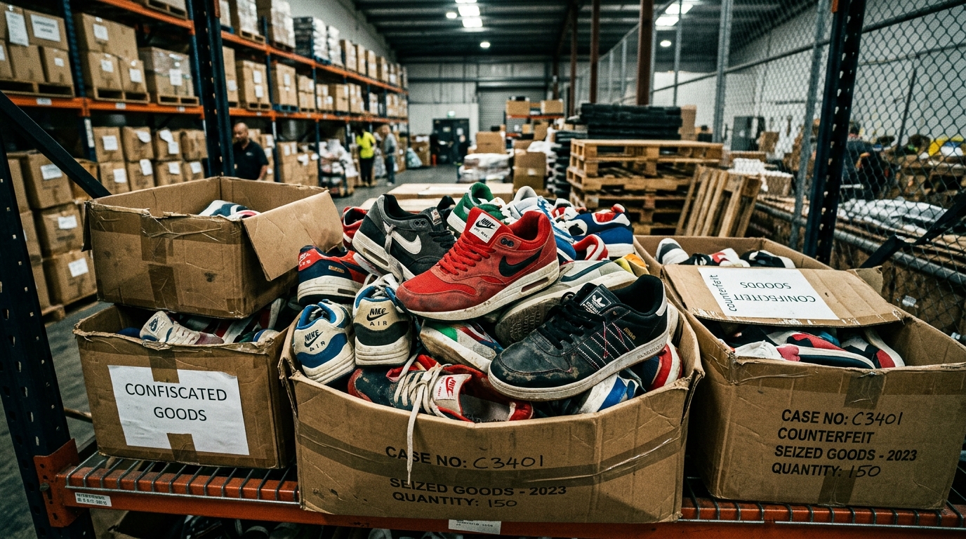 Baskets contrefaites stockées dans un entrepôt douanier