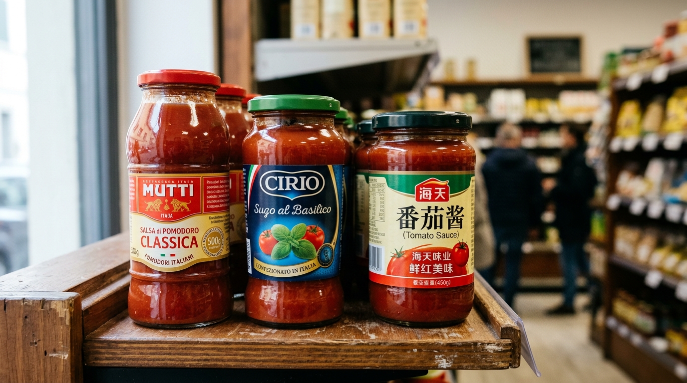 Bocaux de sauce tomate italienne et chinoise sur un rayon de supermarché