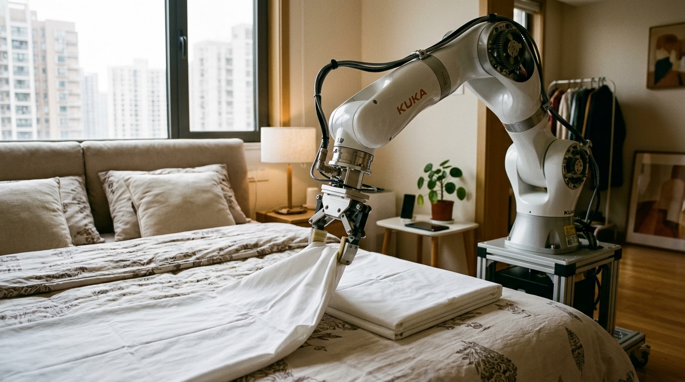 Bras mécanique d'un robot pliant du linge dans un appartement chinois