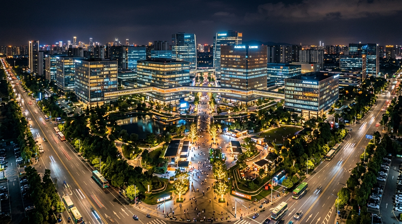 Campus technologique chinois illuminé de nuit vu du ciel