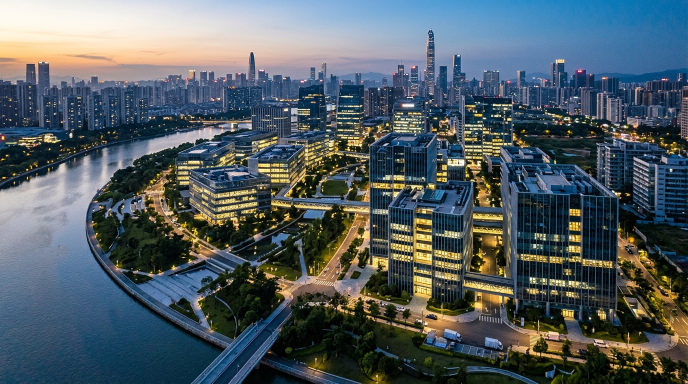 Campus technologique chinois moderne illuminé au crépuscule