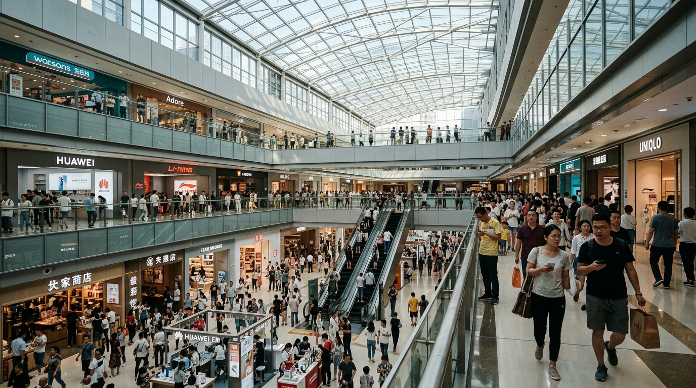 Centre commercial chinois animé avec une foule de passants
