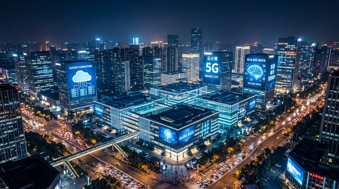 Centre technologique chinois illustrant l'économie numérique et le cloud computing