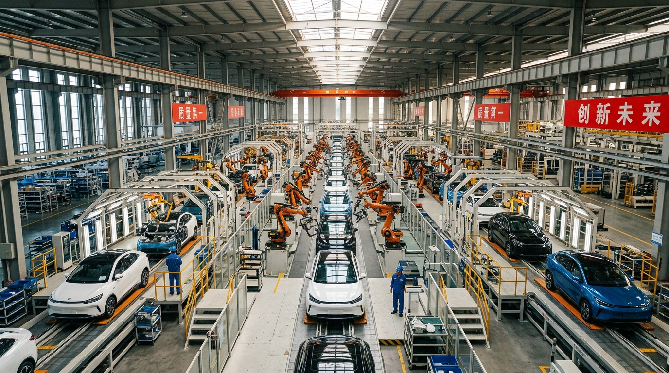 Chaîne d'assemblage d'une usine de véhicules électriques chinoise vue du dessus