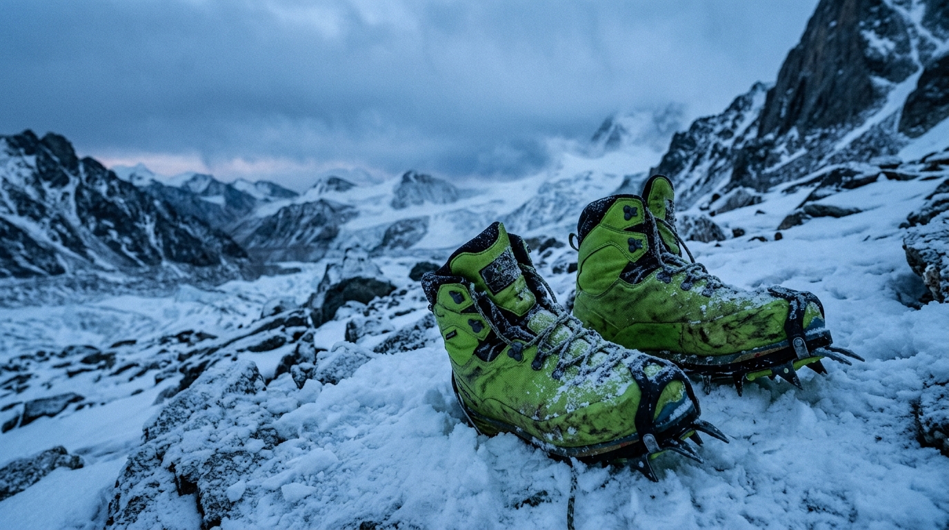 Chaussures de montagne vertes dans la neige en haute altitude