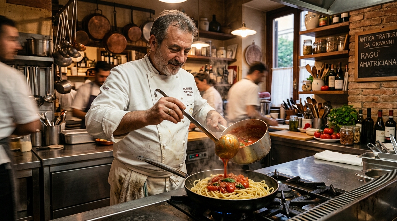 Chef dans une trattoria romaine préparant une sauce tomate traditionnelle