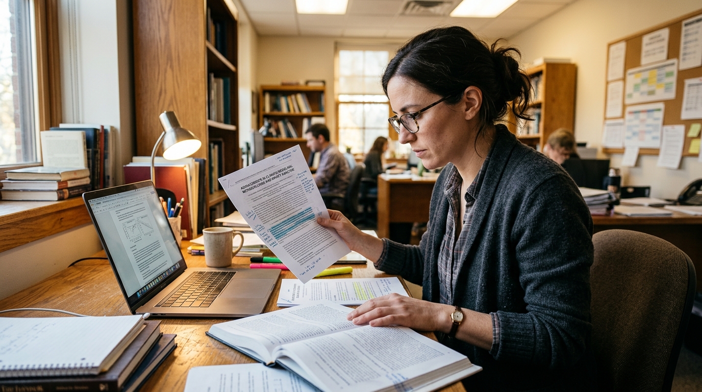 Chercheur lisant des documents académiques à son bureau