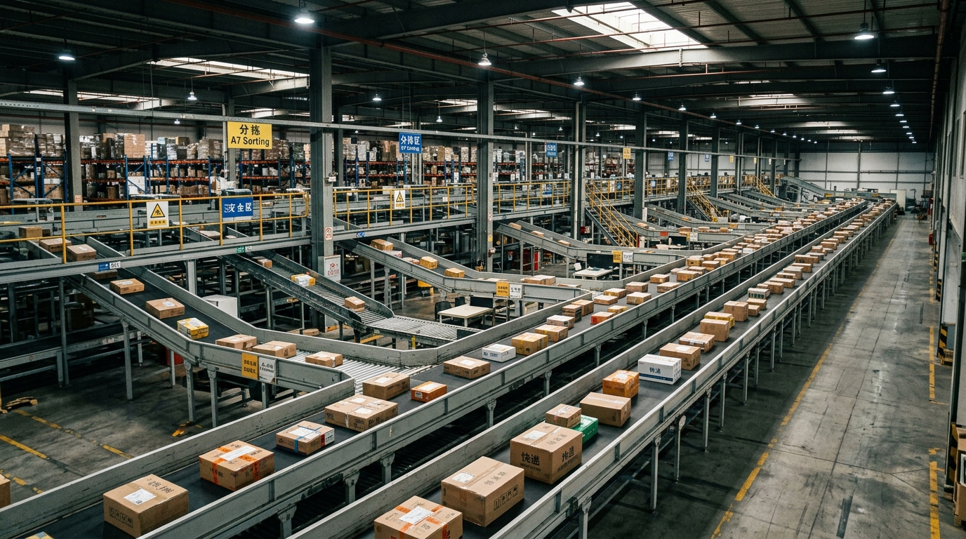 Colis sur un tapis roulant dans un entrepôt de logistique e-commerce