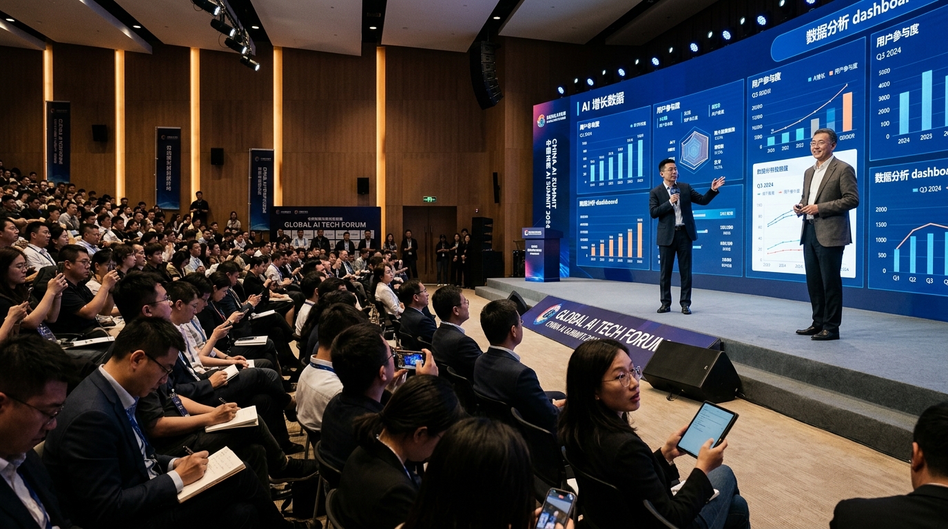 Conférence tech en Chine avec présentation de données IA sur grands écrans