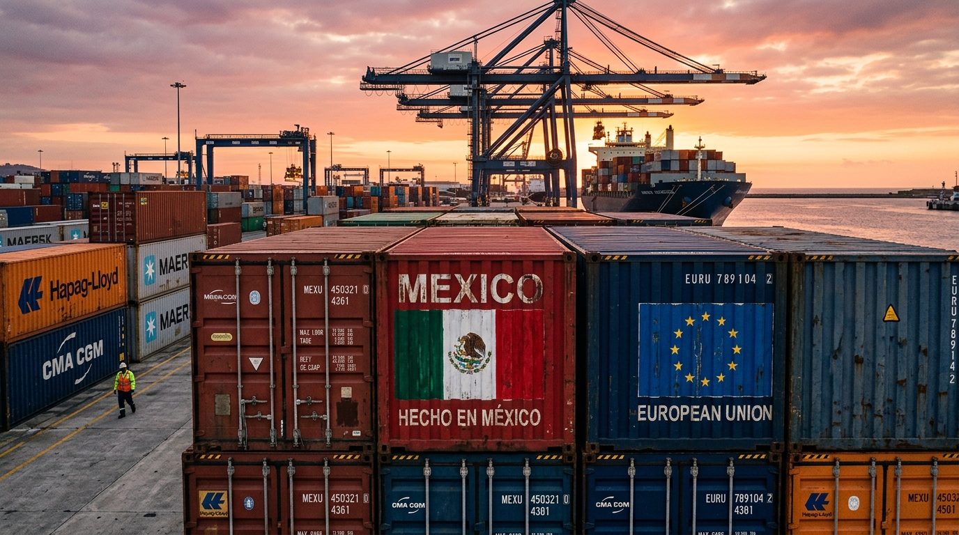 Conteneurs de fret dans un port mexicain symbolisant les échanges commerciaux UE-Mexique