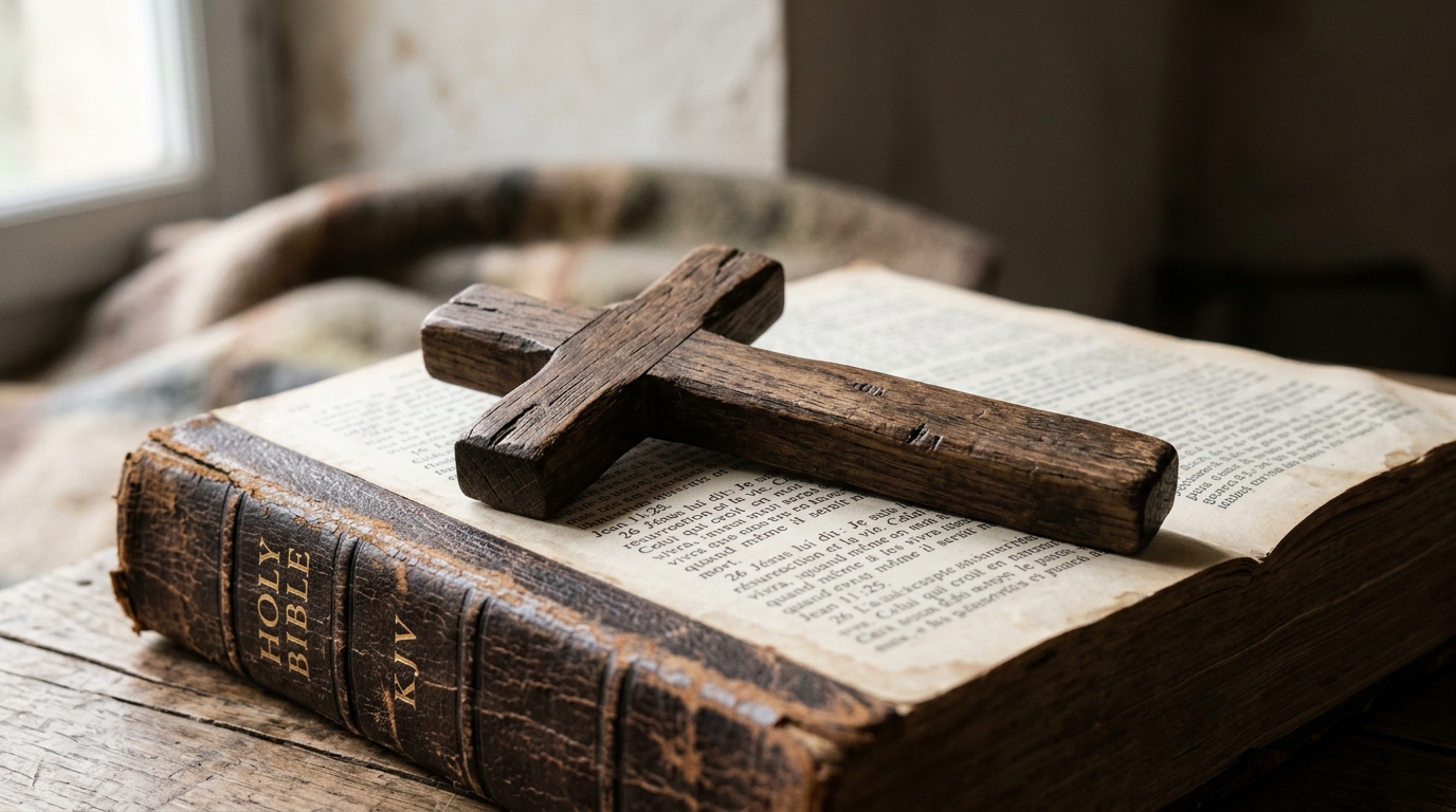 Croix en bois posée sur une Bible, symbole du christianisme souterrain en Chine