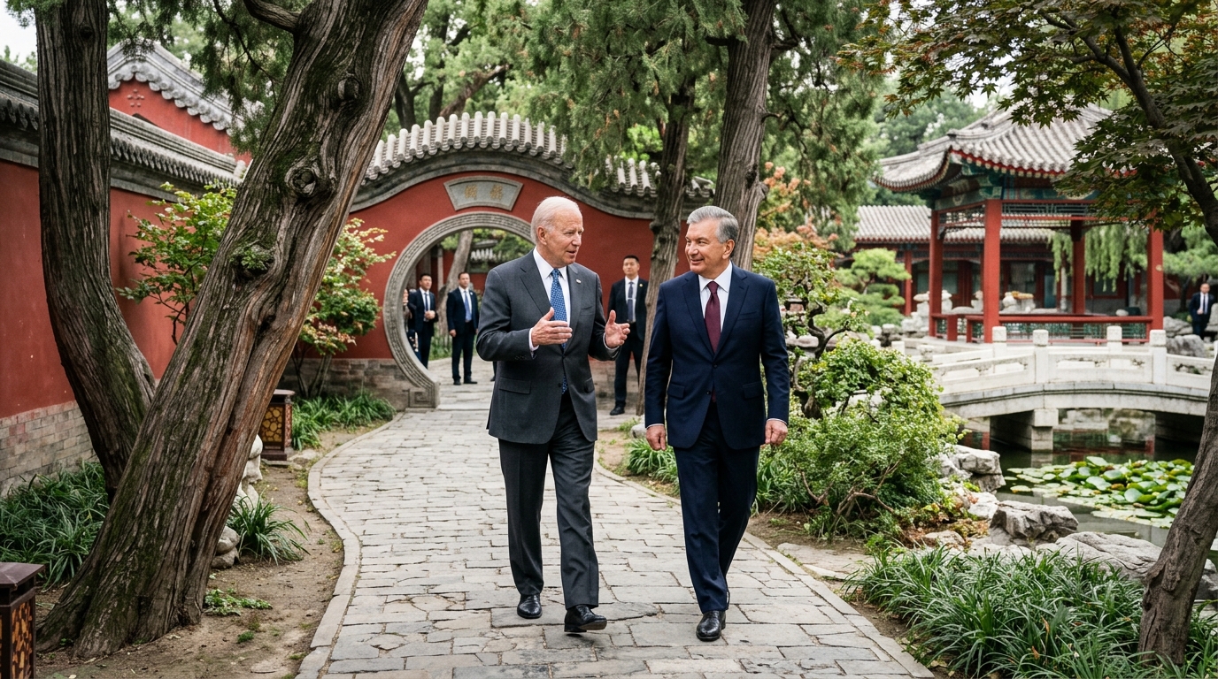 Deux dirigeants mondiaux marchant dans un jardin impérial chinois