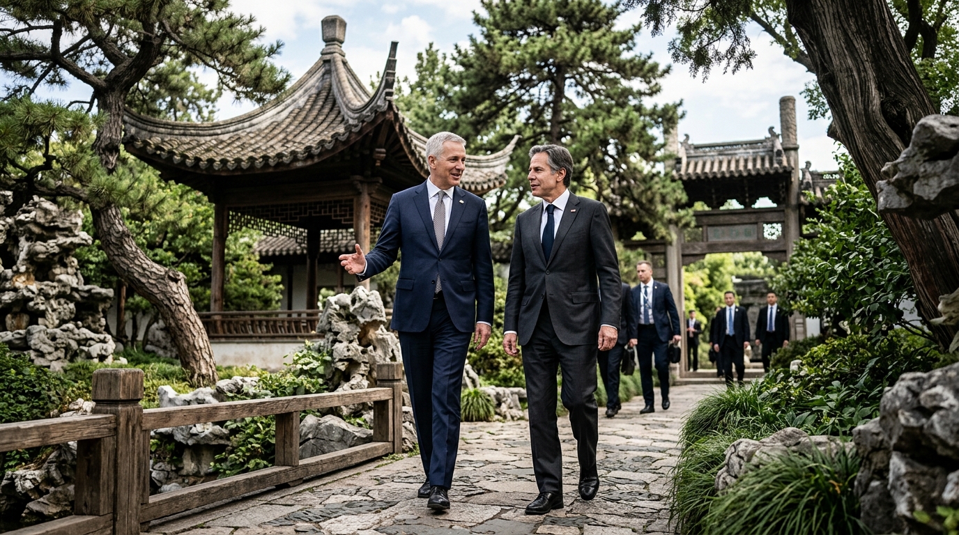 Deux dirigeants mondiaux marchant dans un jardin traditionnel chinois
