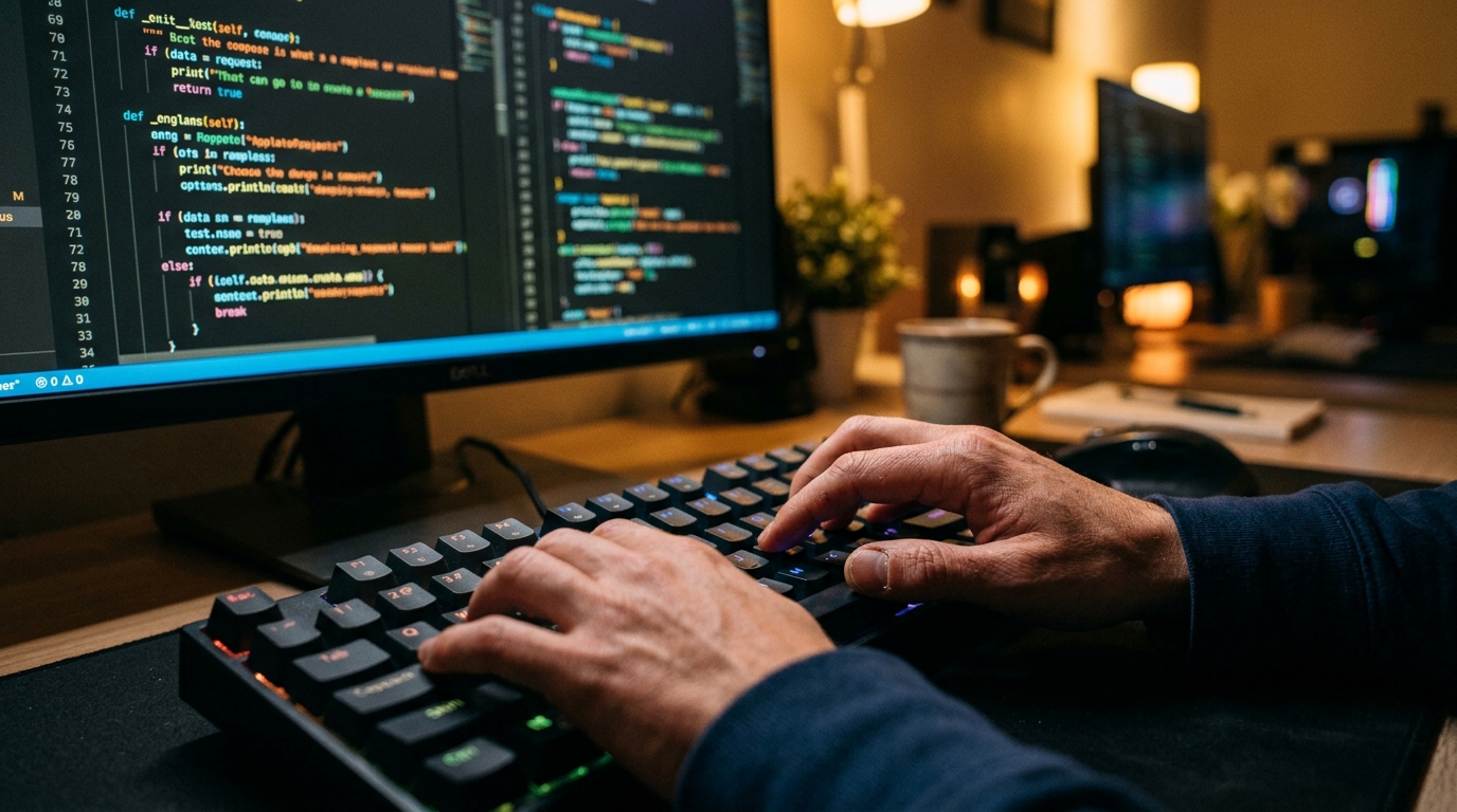 Développeur tapant du code sur un clavier éclairé