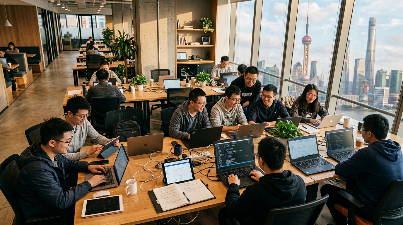 Développeurs chinois travaillant dans un espace de coworking à Shanghai
