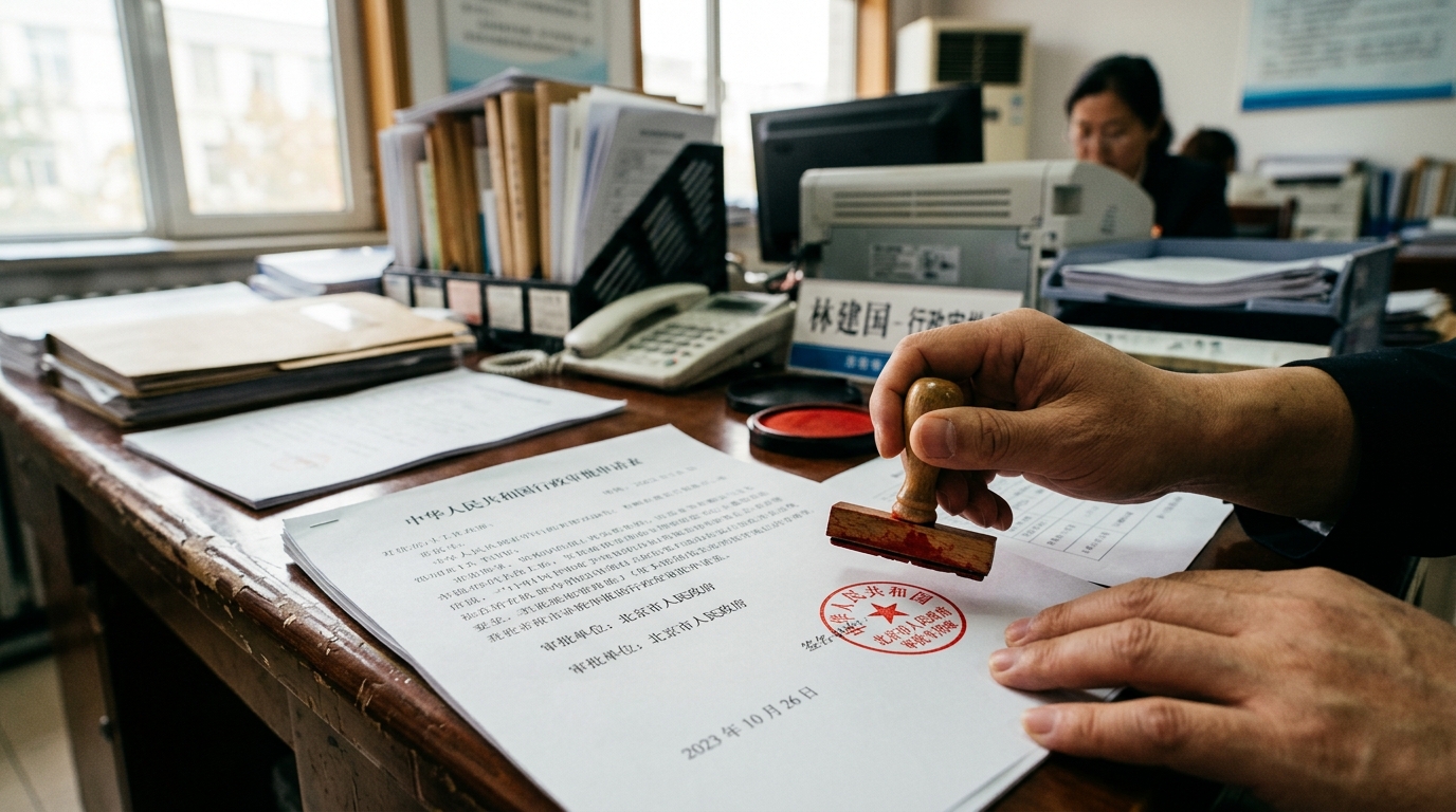 Document officiel avec tampon rouge sur un bureau gouvernemental chinois