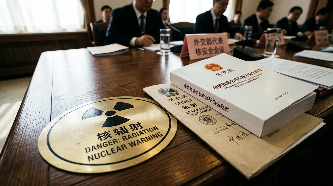 Documents diplomatiques et symbole nucléaire sur une table de réunion