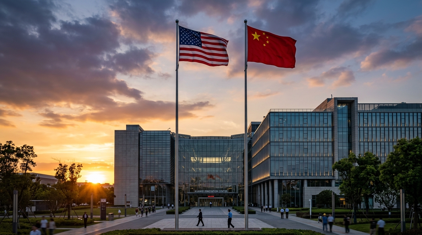 Drapeaux américain et chinois devant un bâtiment technologique