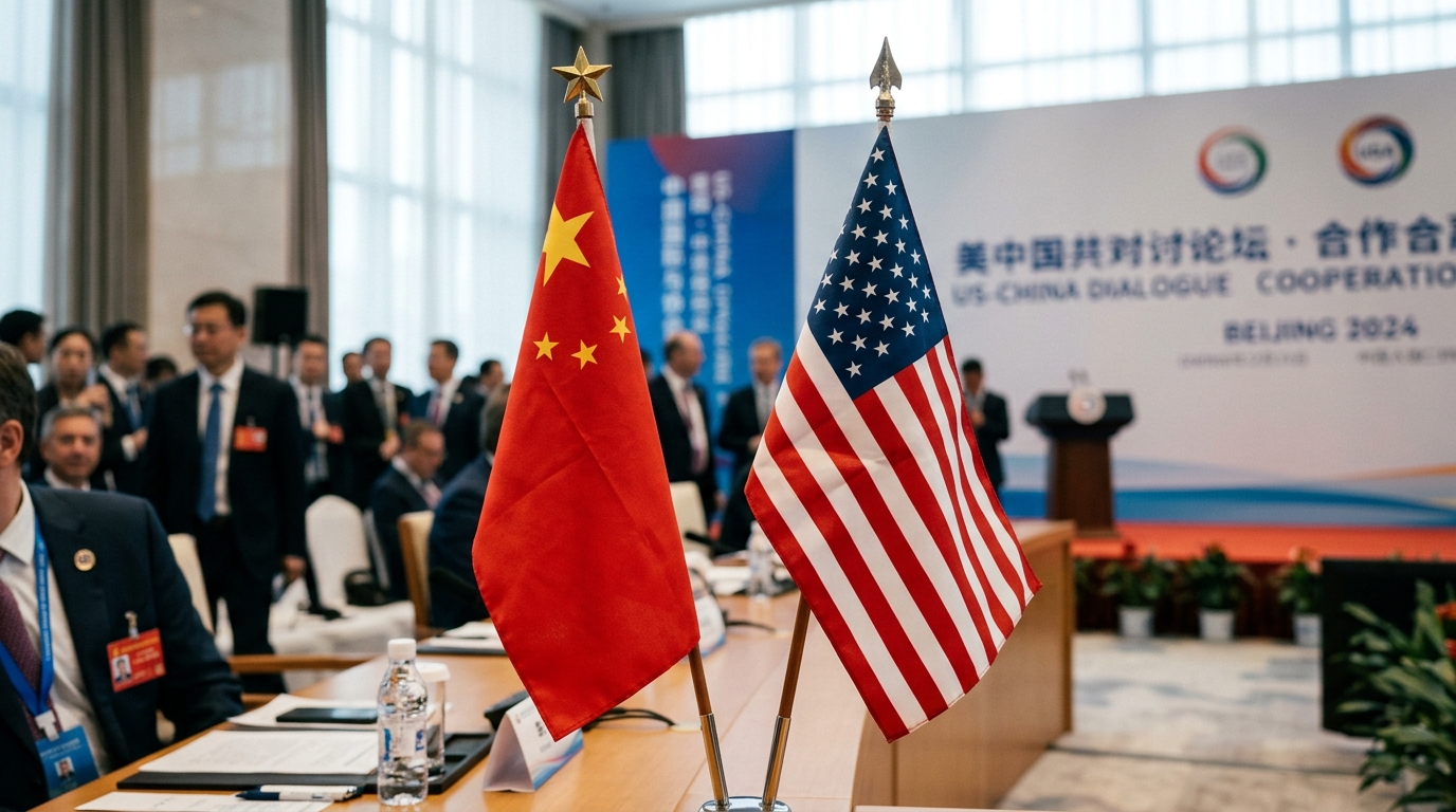 Drapeaux chinois et américain côte à côte lors d'une réunion diplomatique