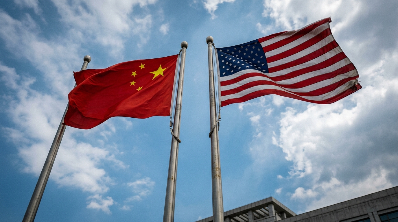 Drapeaux chinois et américain face à face sous un ciel bleu