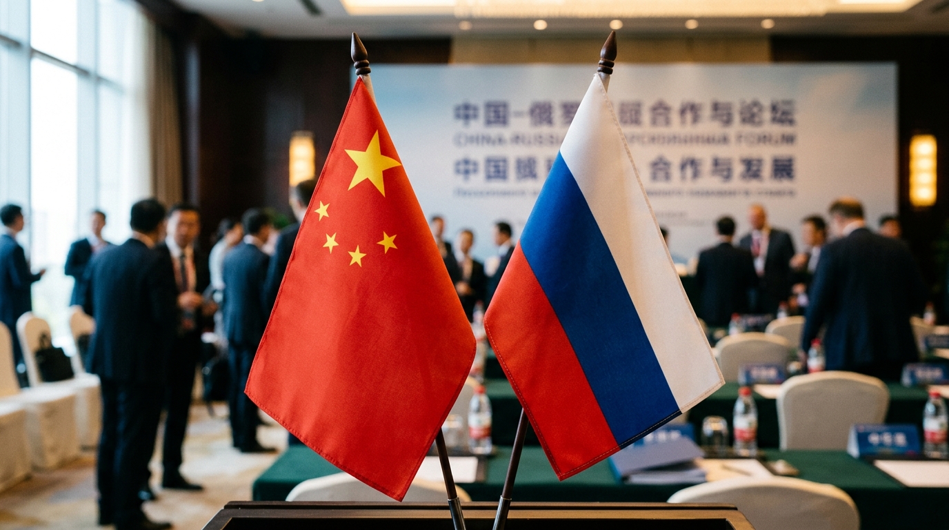Drapeaux chinois et russe côte à côte lors d'un sommet diplomatique