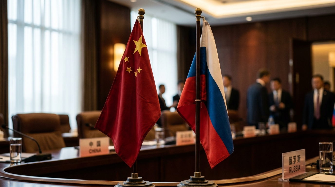 Drapeaux chinois et russe côte à côte lors d'un sommet diplomatique