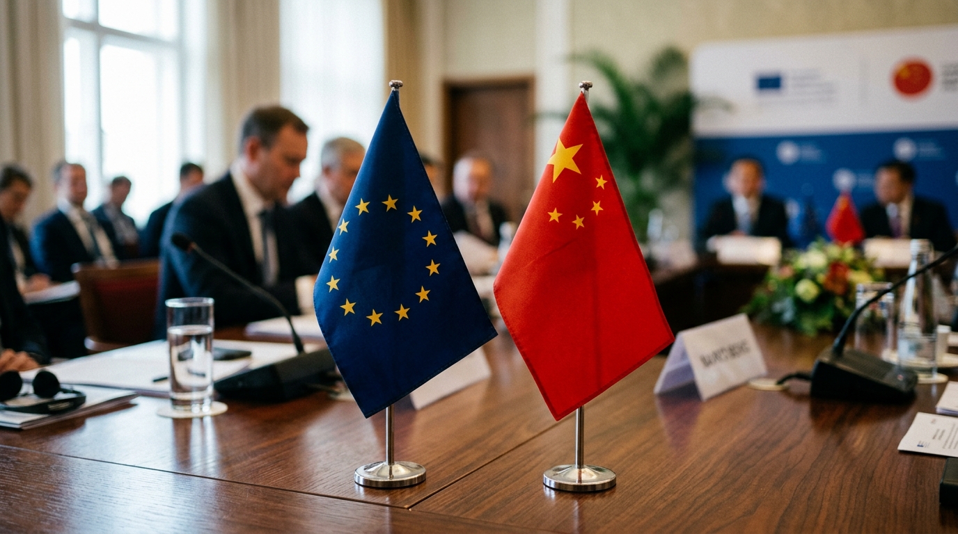 Drapeaux de l'Union européenne et de la Chine côte à côte sur une table de négociation