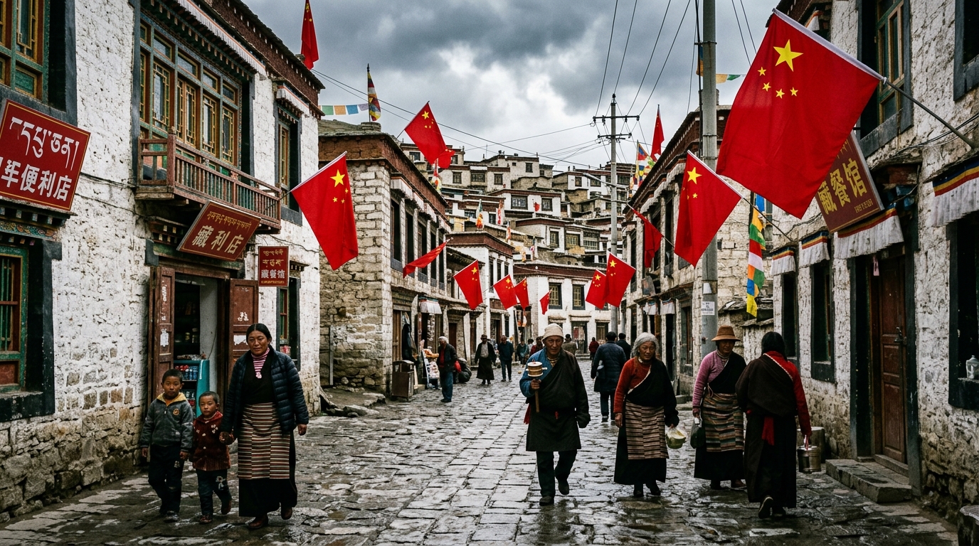 Drapeaux du Parti communiste chinois dans une ville tibétaine
