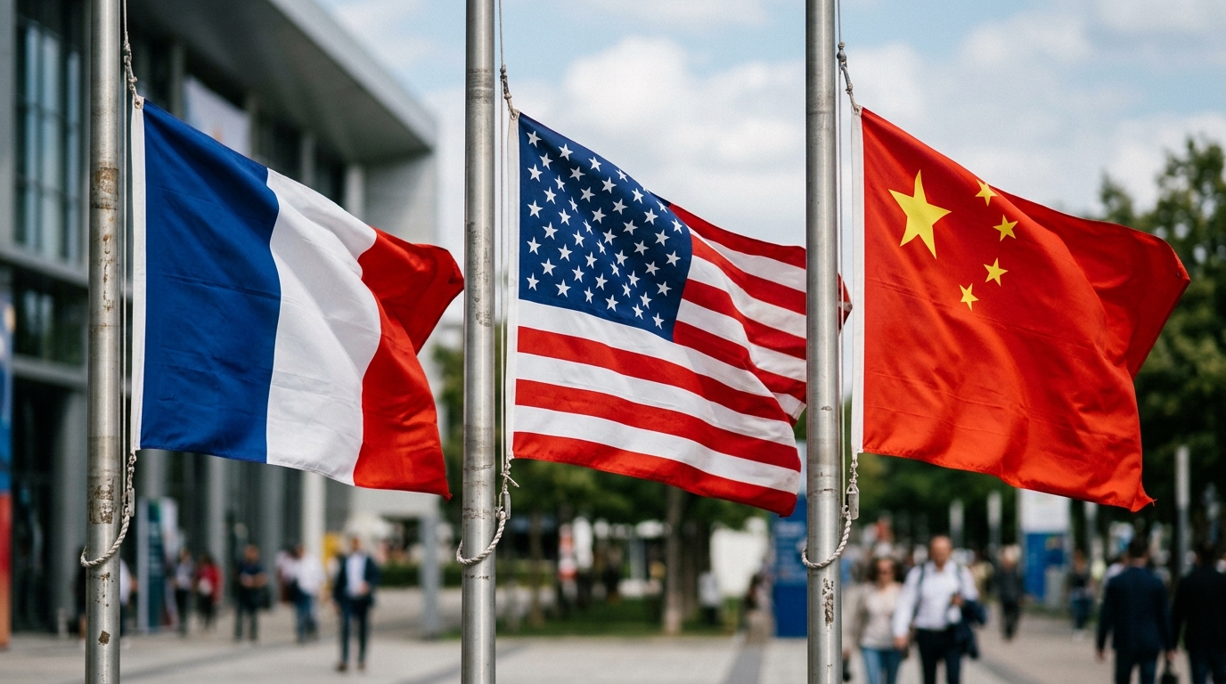 Drapeaux français, américain et chinois côte à côte