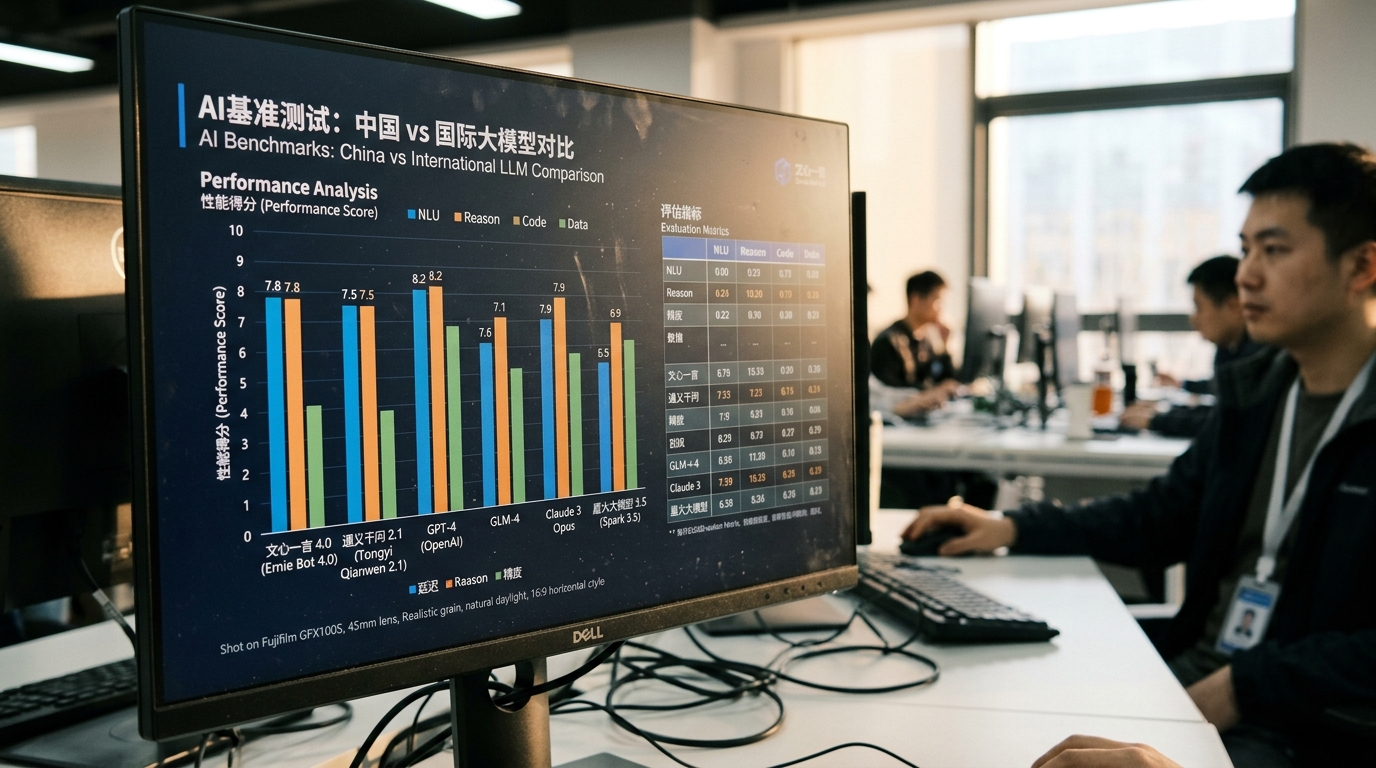 Écran affichant des benchmarks comparatifs de modèles d'IA chinois et américains