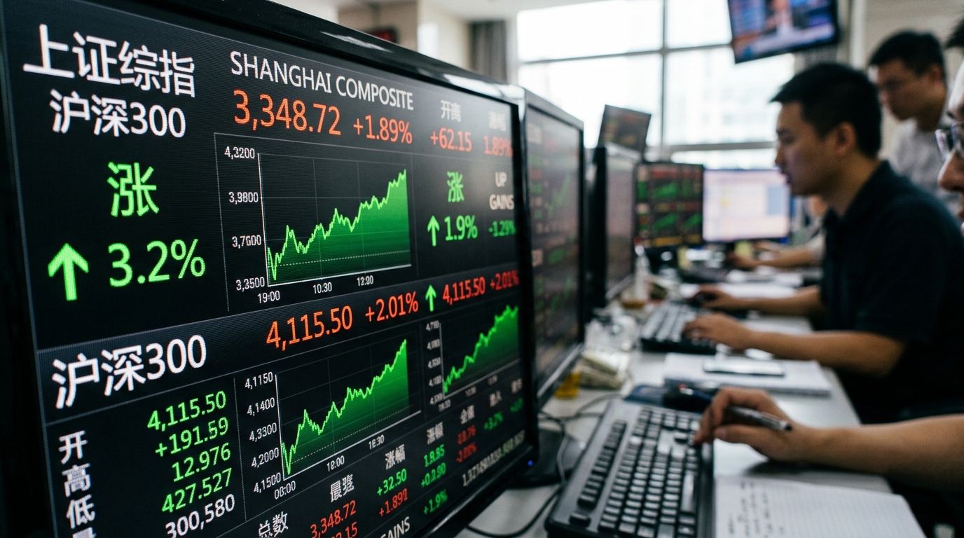 Écran de bourse montrant la hausse de l'indice CSI 300