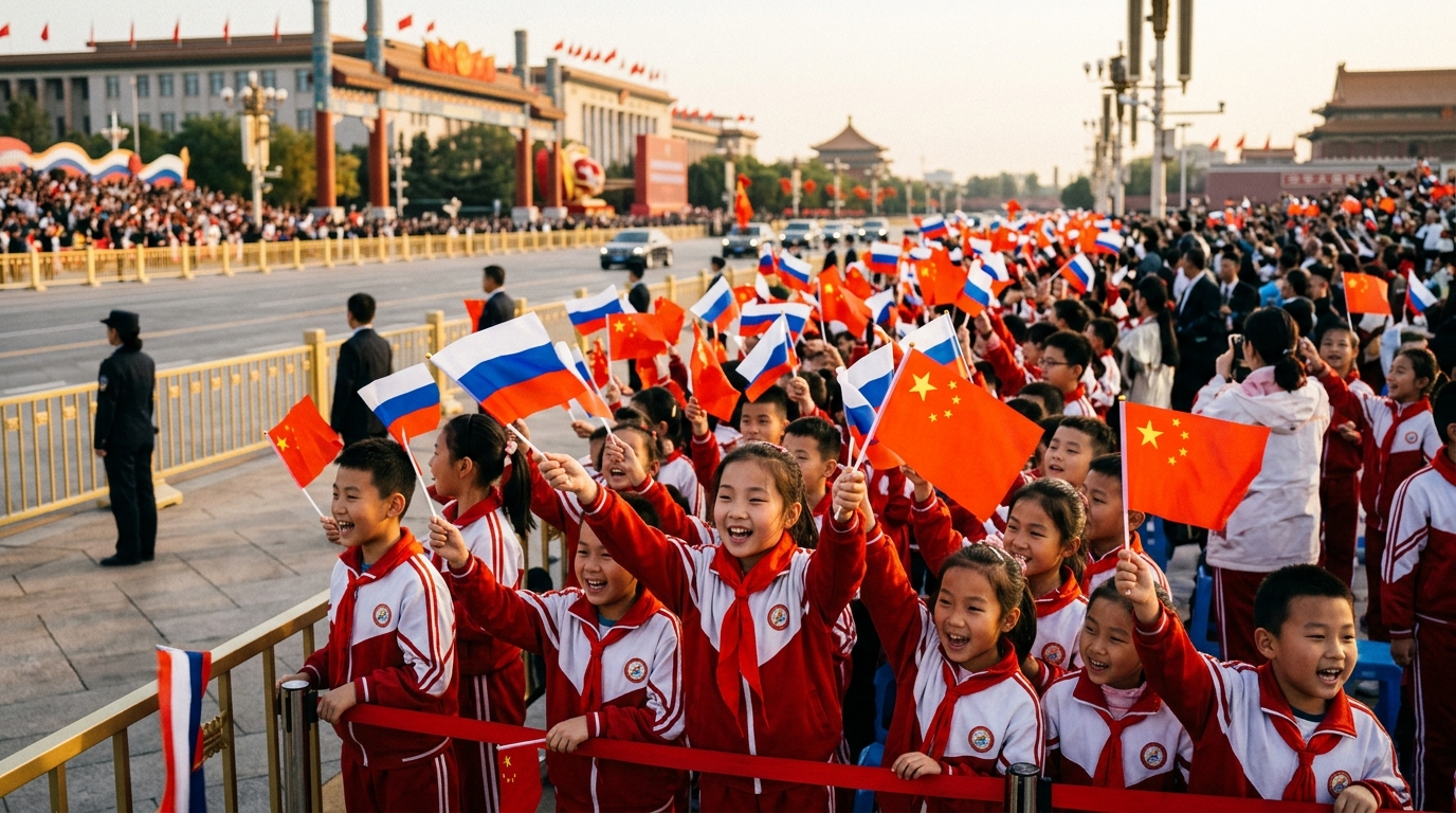 Enfants agitant des drapeaux chinois et russes lors d'une cérémonie officielle à Pékin