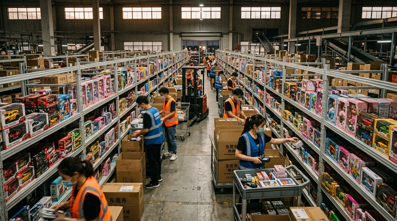 Entrepôt e-commerce chinois avec jouets emballés sur des étagères