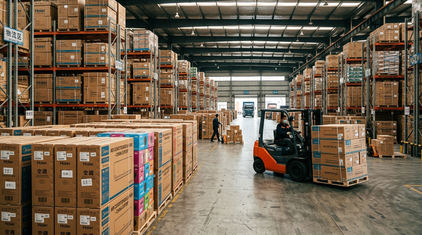 Entrepôt logistique avec des stocks de climatiseurs prêts à être expédiés