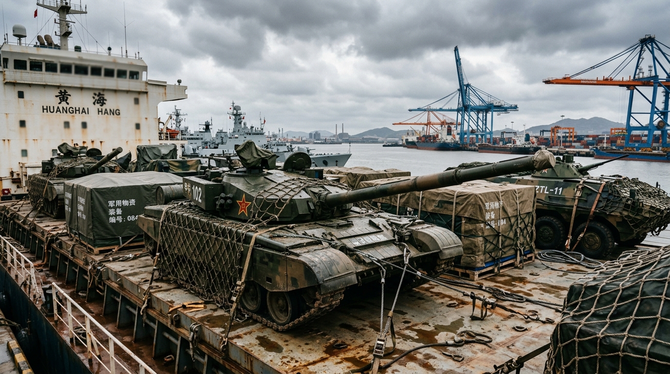 Équipements militaires sur un cargo dans un port du Pacifique