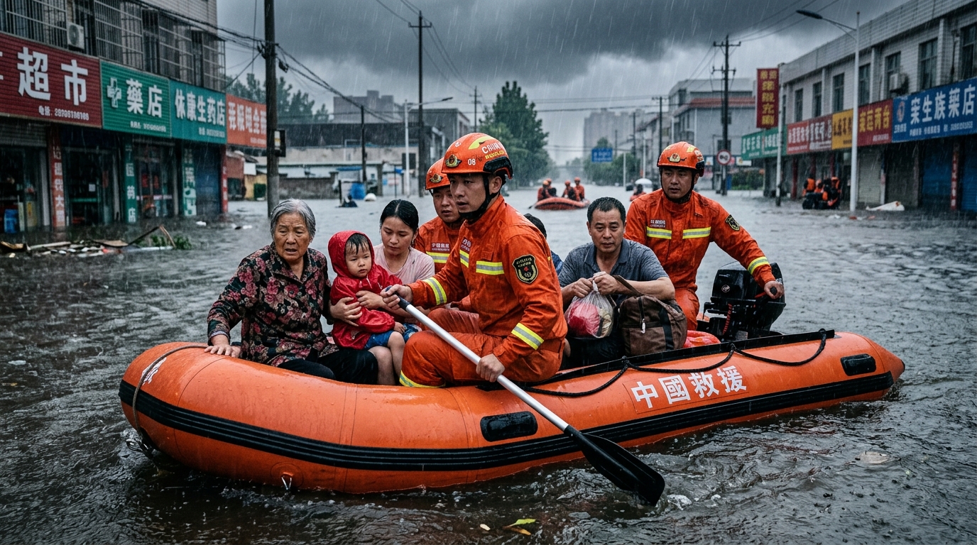 Équipes de secours chinoises évacuant des habitants en bateau lors des inondations